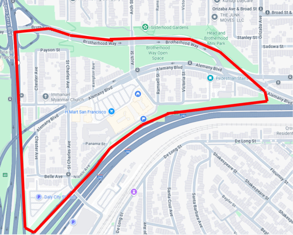 Section of SF city map, showing the Merced Extension Triangle outlined in red.